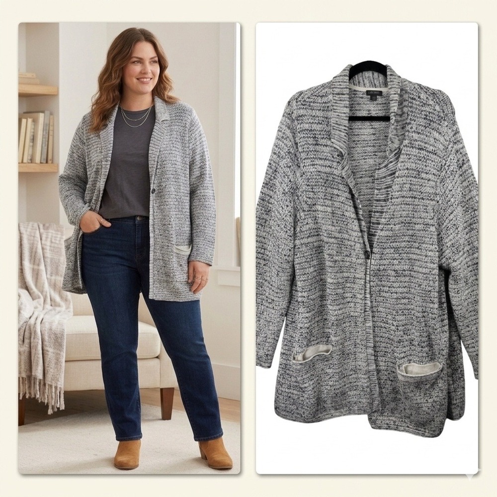J. Jill Cardigan Sweater Women 3X Grey Blue Space Dye Shawl Collar Wearever Knit